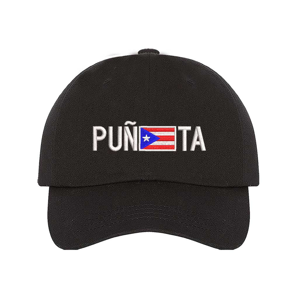 Black embroidered baseball hat with &quot;Puñeta&quot; in bold lettering, featuring the Puerto Rican flag as the letter &quot;E,&quot; representing Boricua pride and culture - DSY Lifestyle