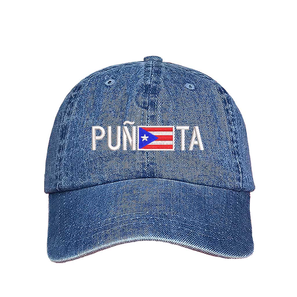 Light Denim embroidered baseball hat with &quot;Puñeta&quot; in bold lettering, featuring the Puerto Rican flag as the letter &quot;E,&quot; representing Boricua pride and culture - DSY Lifestyle