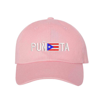 Light Pink embroidered baseball hat with &quot;Puñeta&quot; in bold lettering, featuring the Puerto Rican flag as the letter &quot;E,&quot; representing Boricua pride and culture - DSY Lifestyle