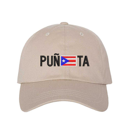 Stone embroidered baseball hat with &quot;Puñeta&quot; in bold lettering, featuring the Puerto Rican flag as the letter &quot;E,&quot; representing Boricua pride and culture - DSY Lifestyle