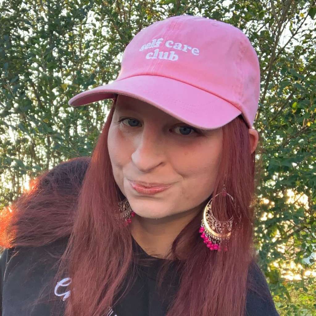 CLose up of Self Care Club Baseball Cap in pink - DSY Lifestyle