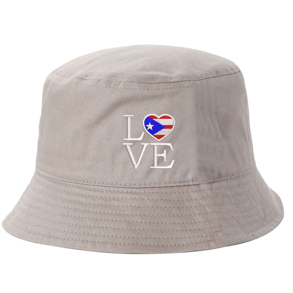 Stone bucket hat embroidered with the word love with the o in love in the shape of a heart with the puerto rican flag in it-DSY Lifestyle