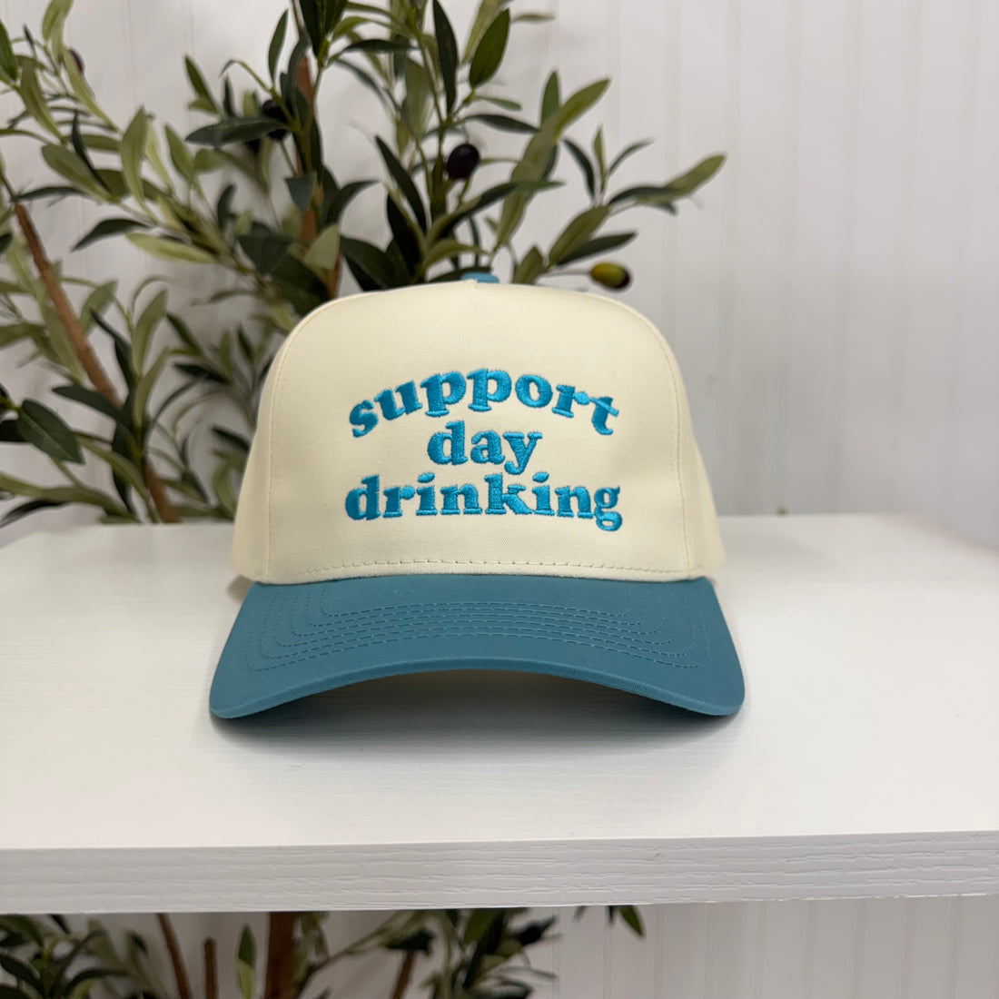 Aqua Support Day Drinking 5-Panel Two-Tone Embroidered Baseball Cap with bold text embroidery, a curved brim, and an adjustable strap, designed for casual, fun spring and summer wear - DSY Lifestyle