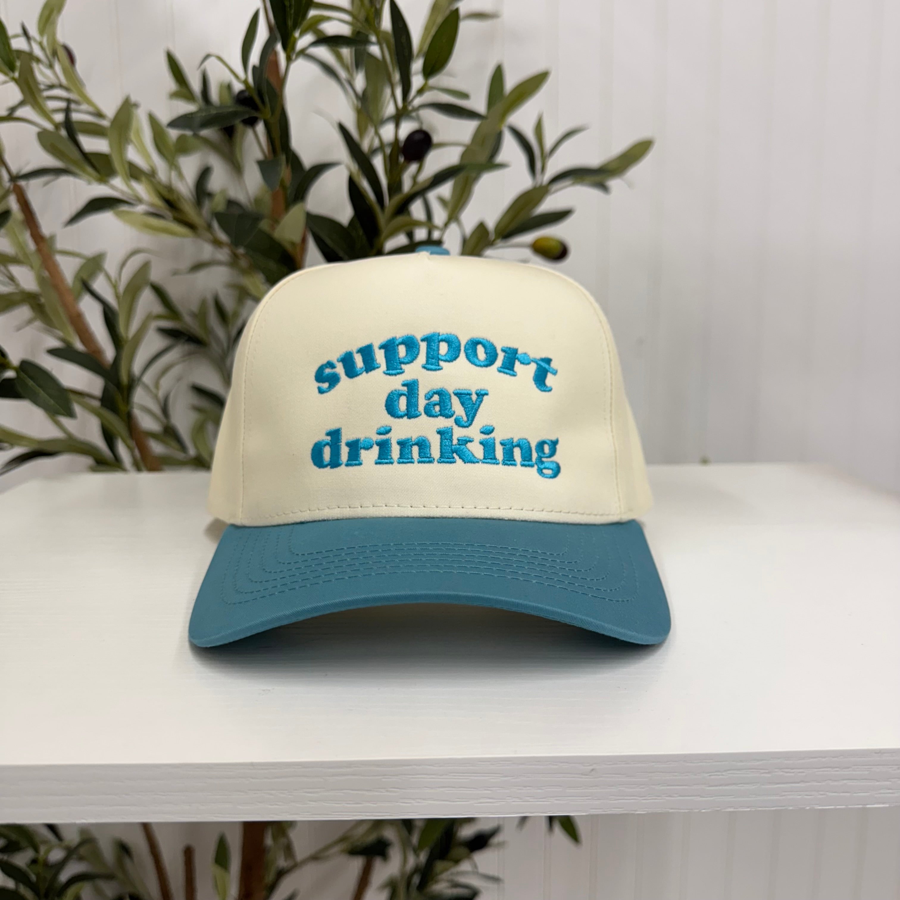 Aqua Support Day Drinking 5-Panel Two-Tone Embroidered Baseball Cap with bold text embroidery, a curved brim, and an adjustable strap, designed for casual, fun spring and summer wear - DSY Lifestyle