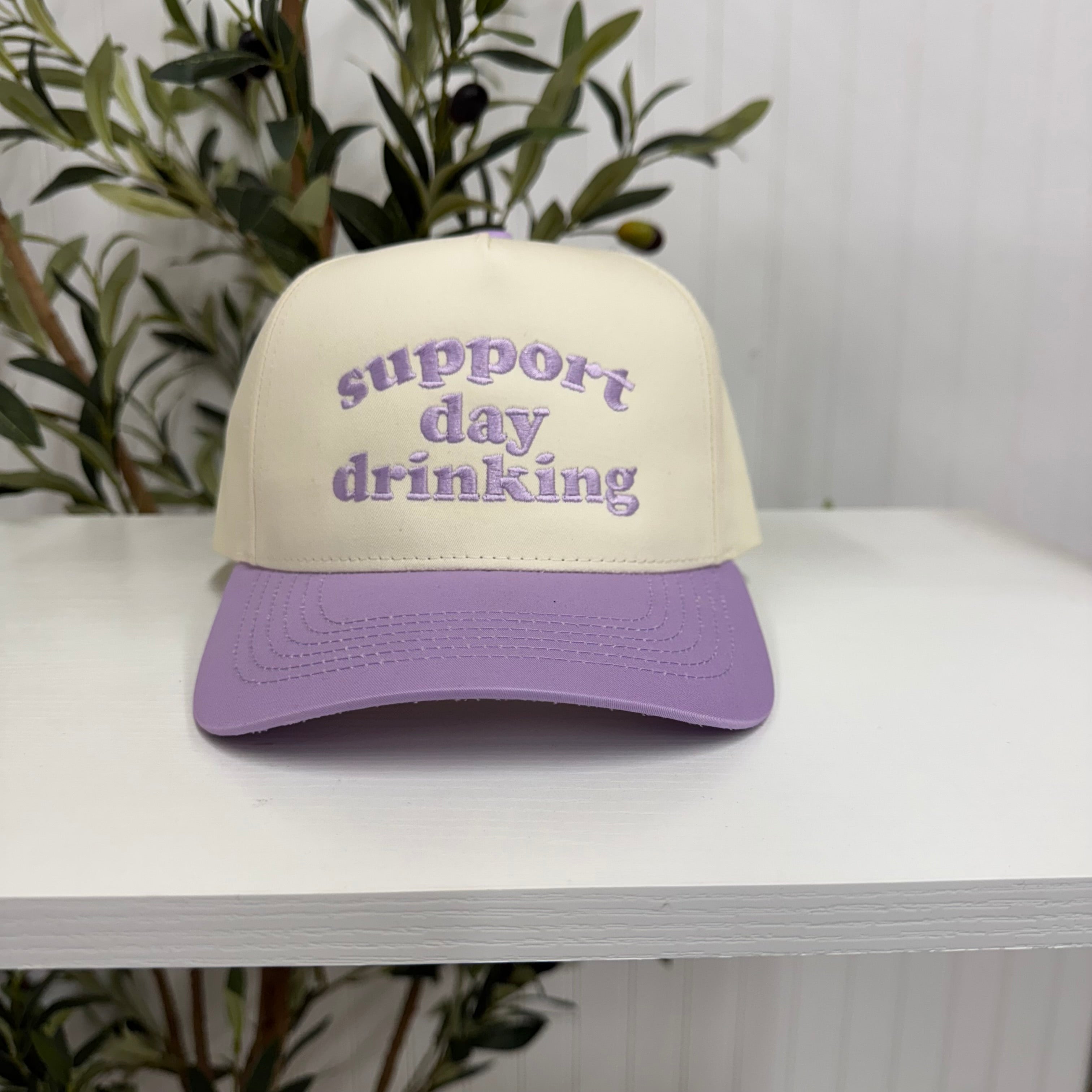 Lavender Support Day Drinking 5-Panel Two-Tone Embroidered Baseball Cap with bold text embroidery, a curved brim, and an adjustable strap, designed for casual, fun spring and summer wear - DSY Lifestyle