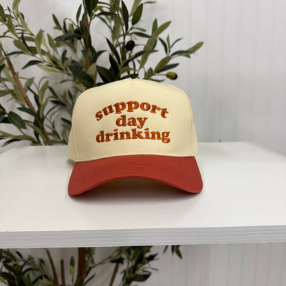 Orange Support Day Drinking 5-Panel Two-Tone Embroidered Baseball Cap with bold text embroidery, a curved brim, and an adjustable strap, designed for casual, fun spring and summer wear - DSY Lifestyle