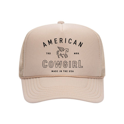 Tan foam trucker hat embroidered with the phrase american cowgirl on it- DSY Lifestyle