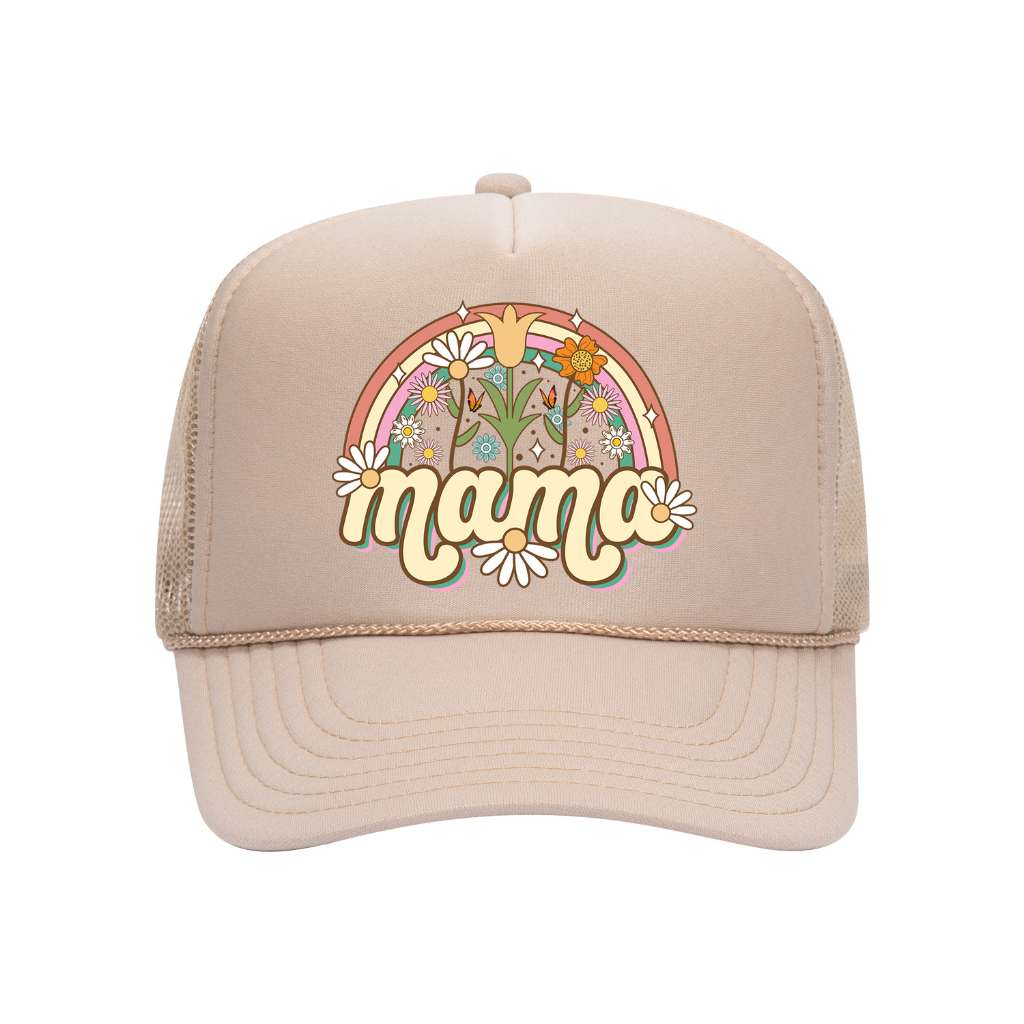 Tan foam trucker hat embroidered with mama spring on it-DSY Lifestyle