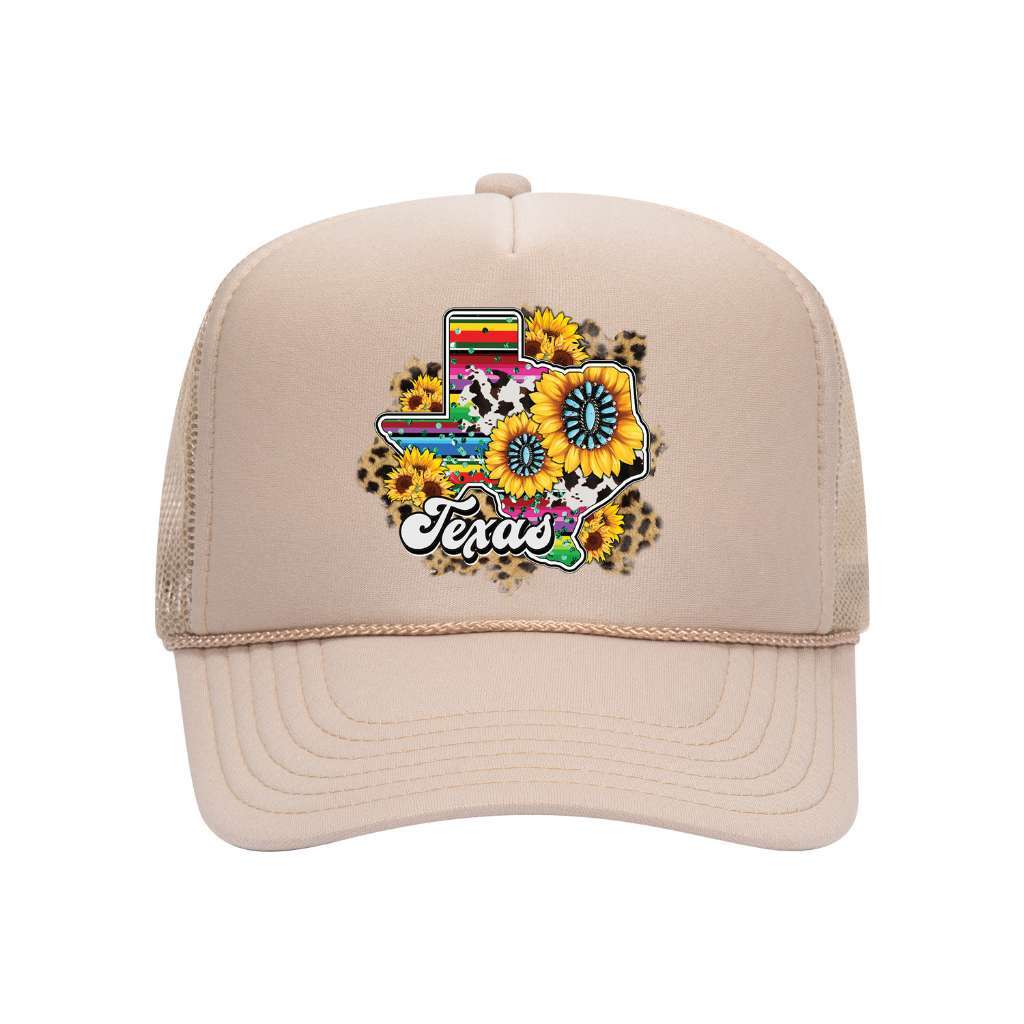 Tan foam trucker hat printed with the texas map and sunflowers around it-DSY Lifestyle