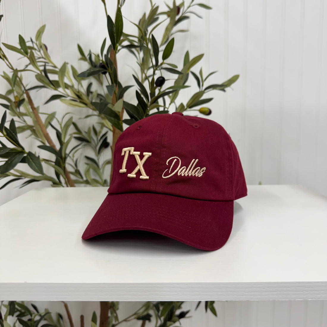 Burgundy TX 3D Dallas Embroidered Baseball Cap with raised 3D embroidery of &quot;Dallas&quot;, a curved brim, and an adjustable strap, designed for comfort and everyday wear - DSY Lifestyle