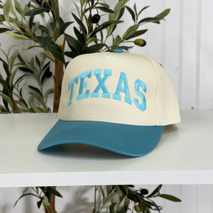 Aqua Texas Arched 5-Panel Two-Tone Embroidered Baseball Cap with bold arched Texas embroidery, a curved brim, and an adjustable strap, perfect for spring and everyday wear - DSY Lifestyle