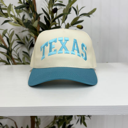 Aqua Texas Arched 5-Panel Two-Tone Embroidered Baseball Cap with bold arched Texas embroidery, a curved brim, and an adjustable strap, perfect for spring and everyday wear - DSY Lifestyle