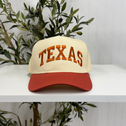 Orange Texas Arched 5-Panel Two-Tone Embroidered Baseball Cap with bold arched Texas embroidery, a curved brim, and an adjustable strap, perfect for spring and everyday wear - DSY Lifestyle