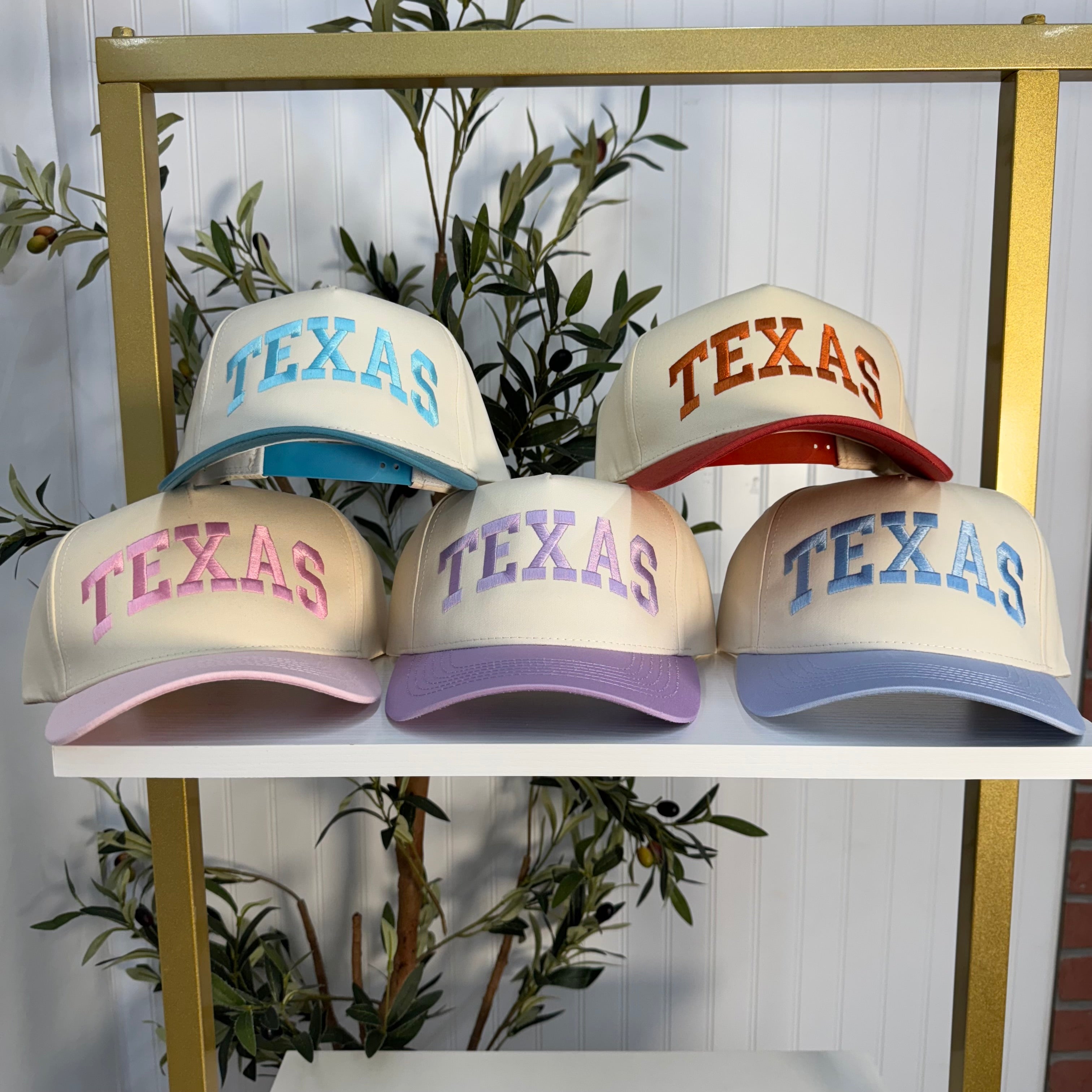 Texas Arched 5-Panel Two-Tone Embroidered Baseball Cap set with bold arched Texas embroidery, a curved brim, and an adjustable strap, perfect for spring and everyday wear - DSY Lifestyle