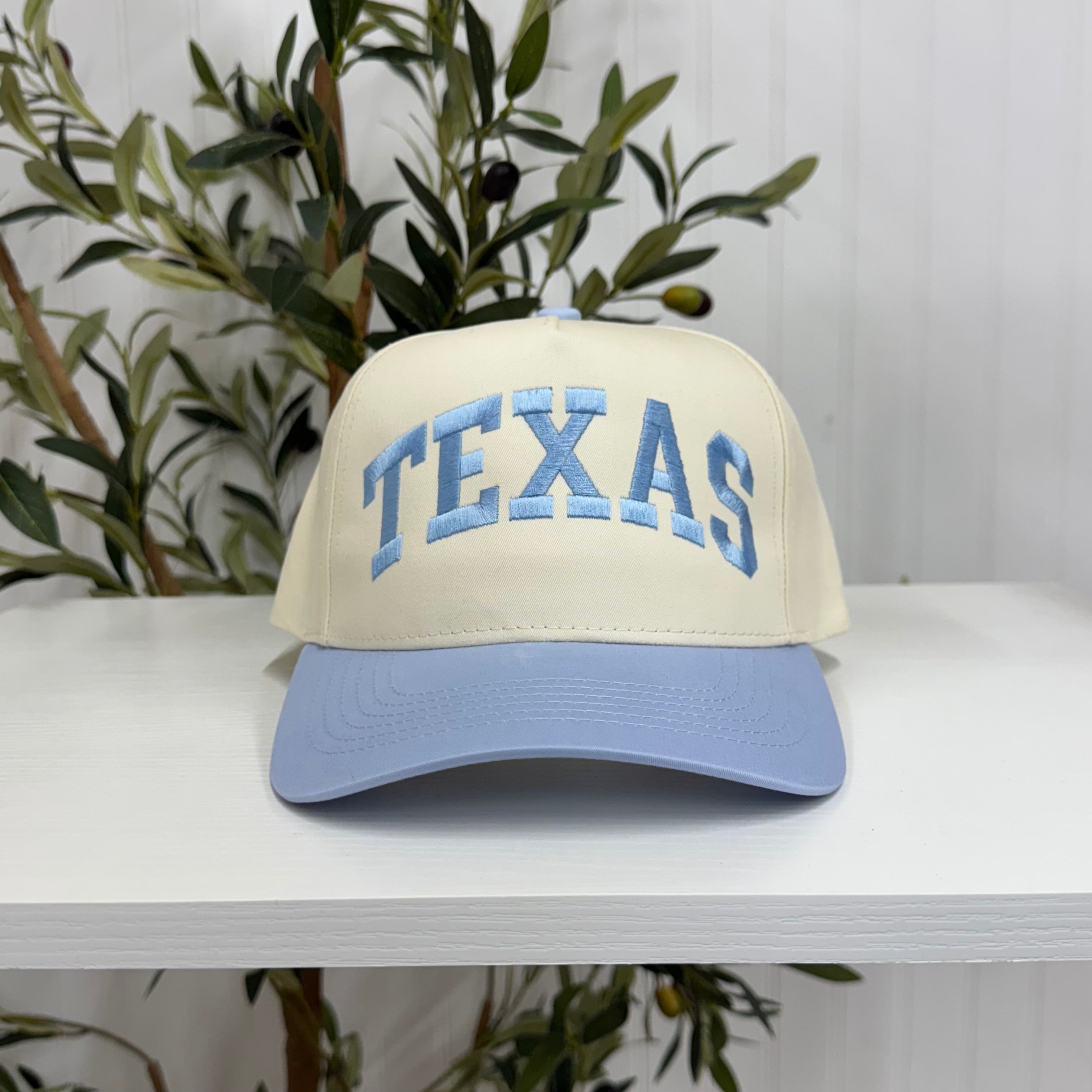 Sky Blue Texas Arched 5-Panel Two-Tone Embroidered Baseball Cap with bold arched Texas embroidery, a curved brim, and an adjustable strap, perfect for spring and everyday wear - DSY Lifestyle