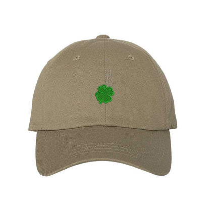 Khaki classic baseball hat with a small embroidered clover on the front, offering a clean, minimalistic, and stylish touch for any outfit - DSY Lifestyle