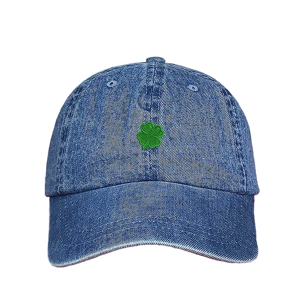 Light Denim classic baseball hat with a small embroidered clover on the front, offering a clean, minimalistic, and stylish touch for any outfit - DSY Lifestyle