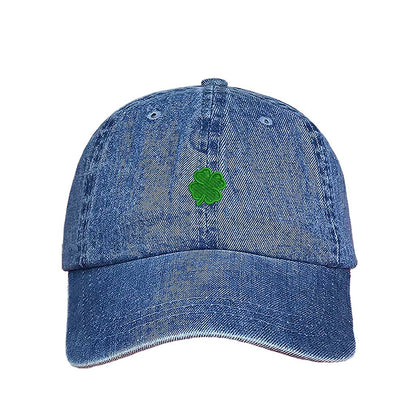 Light Denim classic baseball hat with a small embroidered clover on the front, offering a clean, minimalistic, and stylish touch for any outfit - DSY Lifestyle