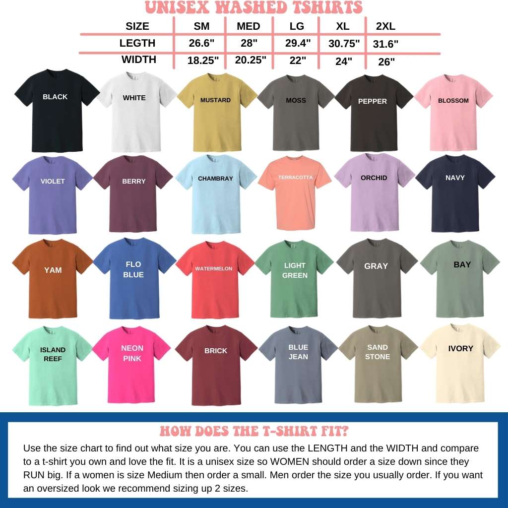 Unisex Washed Tshirt- Color and Size Chart - DSY Lifestyle