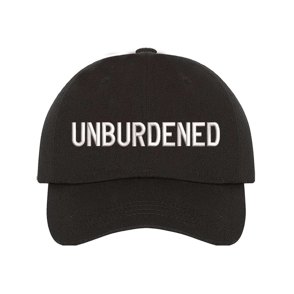 Black baseball hat embroidered with the phrase unburdened-DSY Lifestyle