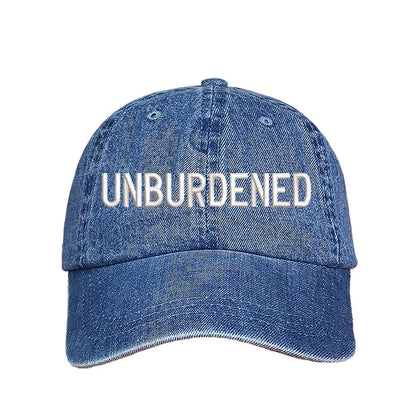 Light Denim baseball hat embroidered with the phrase unburdened-DSY Lifestyle