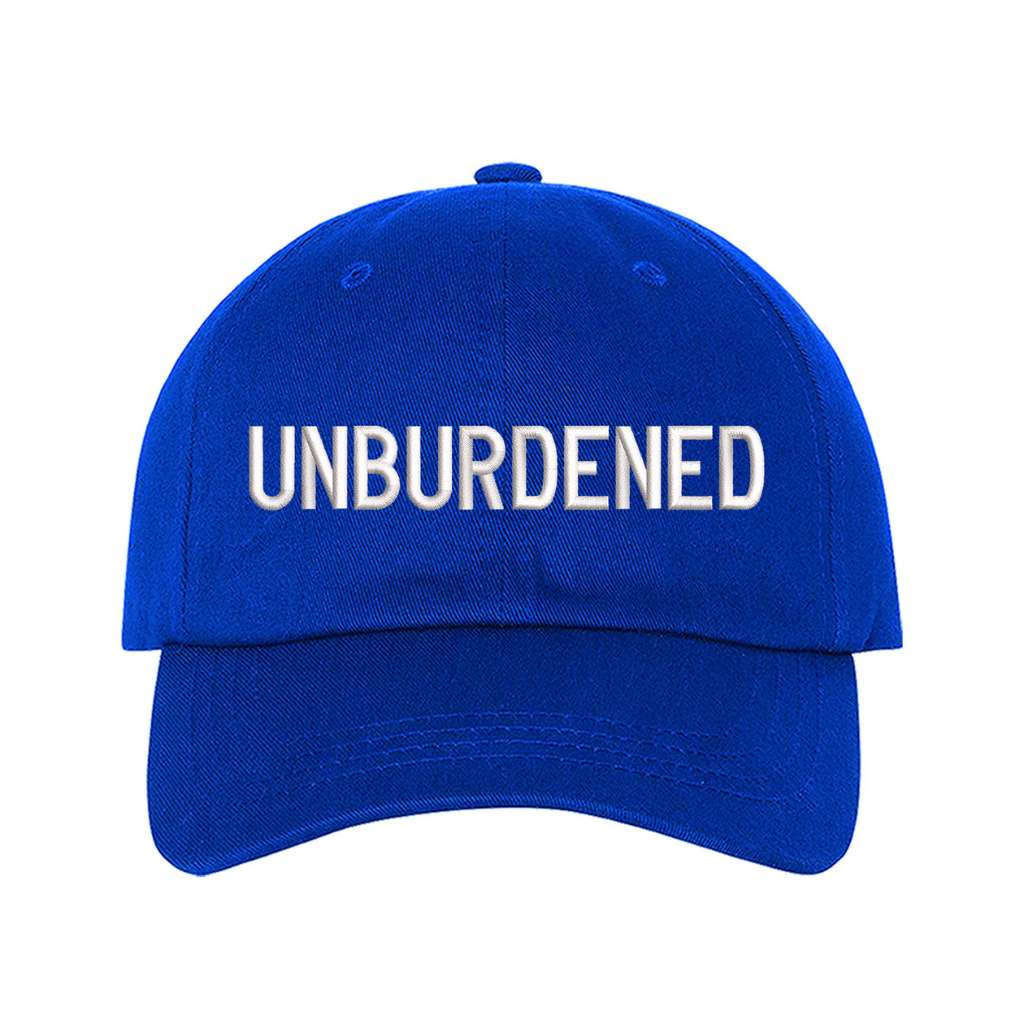 Royal Blue baseball hat embroidered with the phrase unburdened-DSY Lifestyle