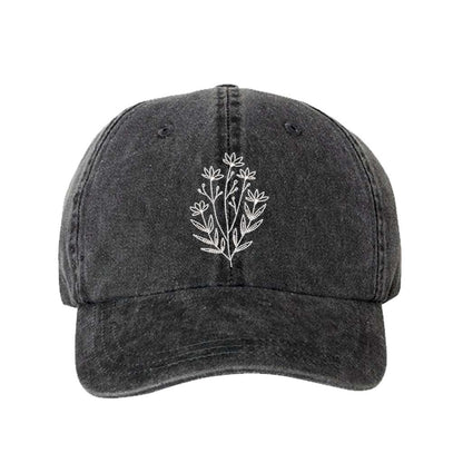 Washed black baseball hat embroidered with a wildflower on it- DSY Lifestyle