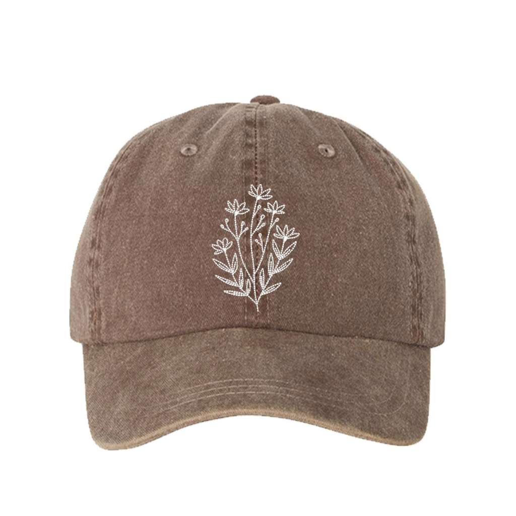 Washed brown baseball hat embroidered with a wildflower on it- DSY Lifestyle