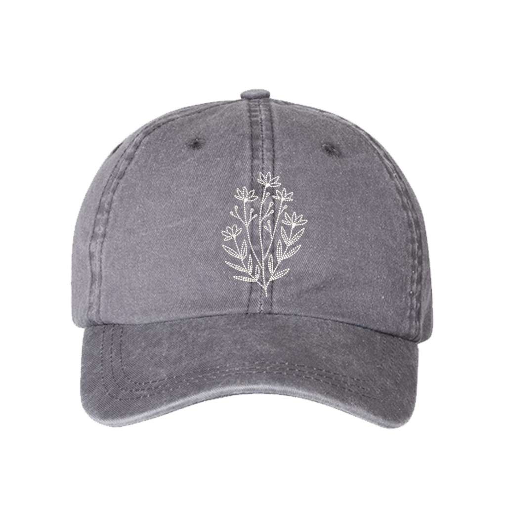 Washed grey baseball hat embroidered with a wildflower on it- DSY Lifestyle