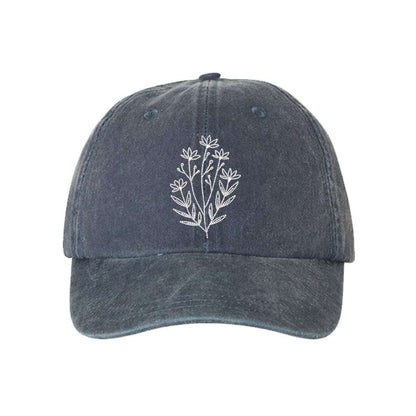 Washed Navy blue baseball hat embroidered with a wildflower on it- DSY Lifestyle