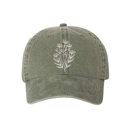 Washed olive baseball hat embroidered with a wildflower on it- DSY Lifestyle