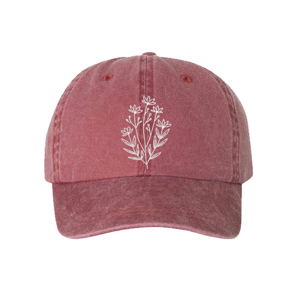 Washed wine baseball hat embroidered with a wildflower on it- DSY Lifestyle