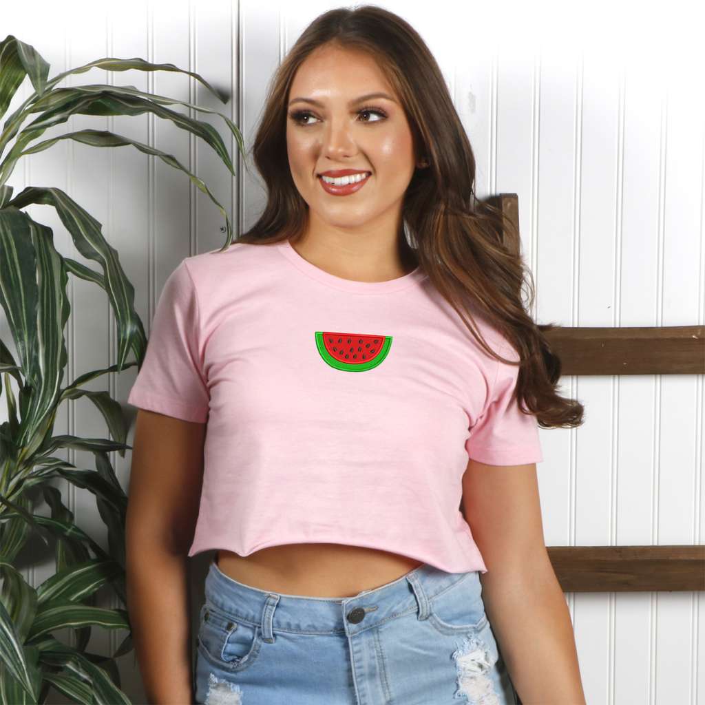 Female wearing a Light Pink crop top embroidered with a watermelon - DSY Lifestyle