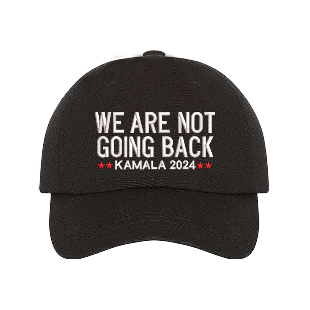 Black baseball hat embroidered with the phrase we are not going back-DSY Lifestyle