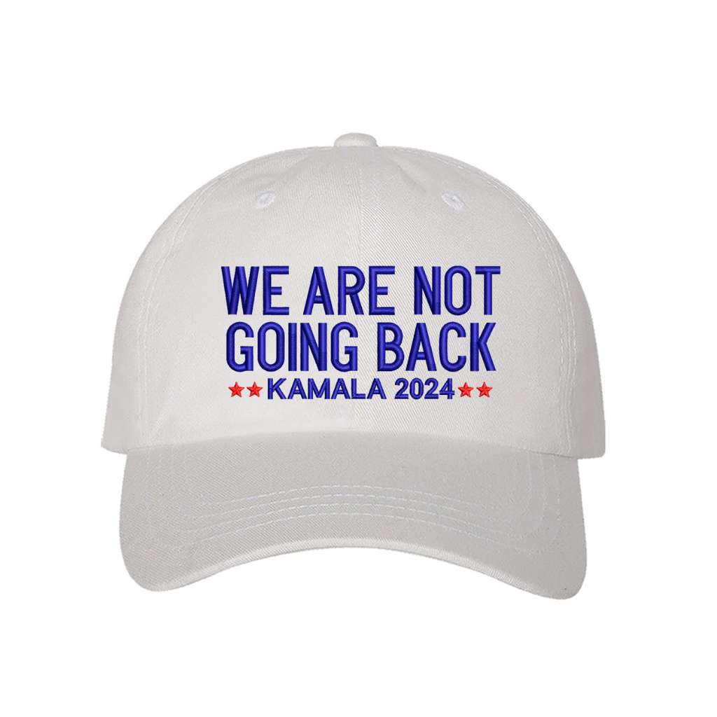 White baseball hat embroidered with the phrase we are not going back-DSY Lifestyle