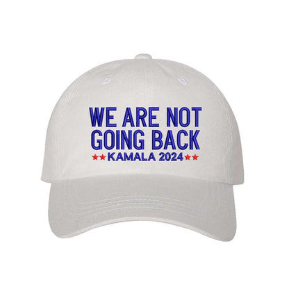 White baseball hat embroidered with the phrase we are not going back-DSY Lifestyle