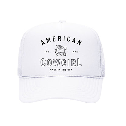 White foam trucker hat embroidered with the phrase american cowgirl on it- DSY Lifestyle