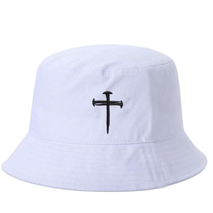 White bucket hat embroidered wiht a cross made of nails on it- DSY Lifestyle