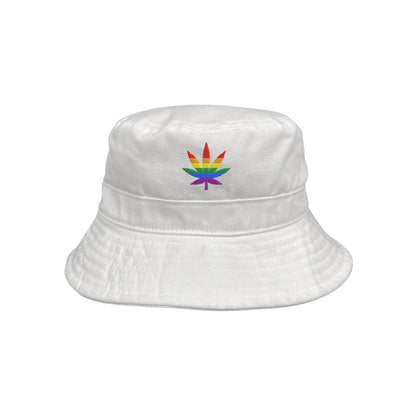 White bucket hat embroidered with pride flag in shape of weed leaf-DSY Lifestyle