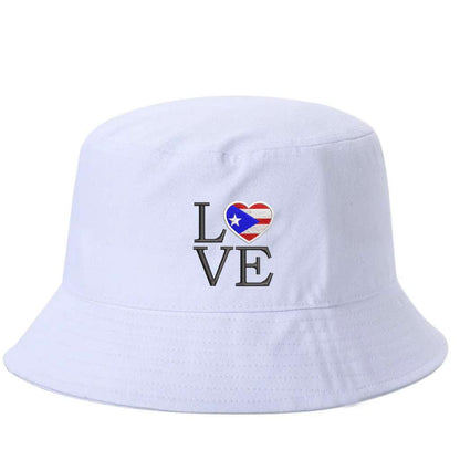 White bucket hat embroidered with the word love with the o in love in the shape of a heart with the puerto rican flag in it-DSY Lifestyle