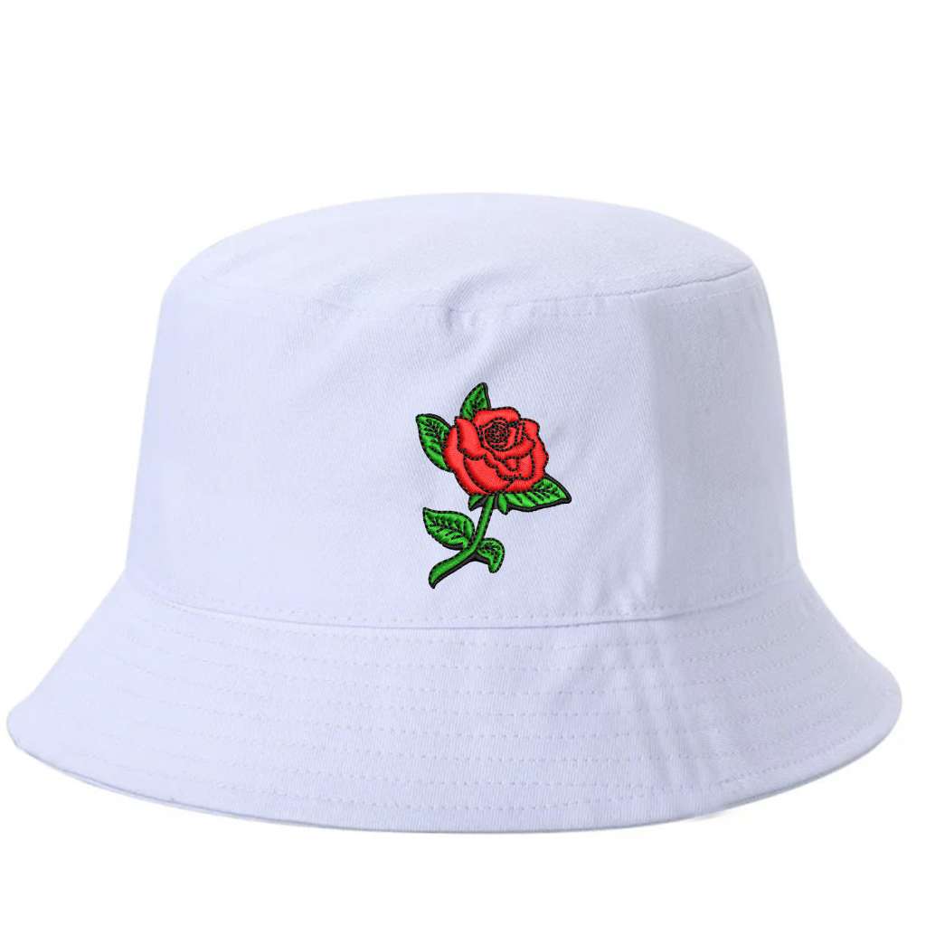 White bucket hat embroidered with a rose stem on it-DSY Lifestyle