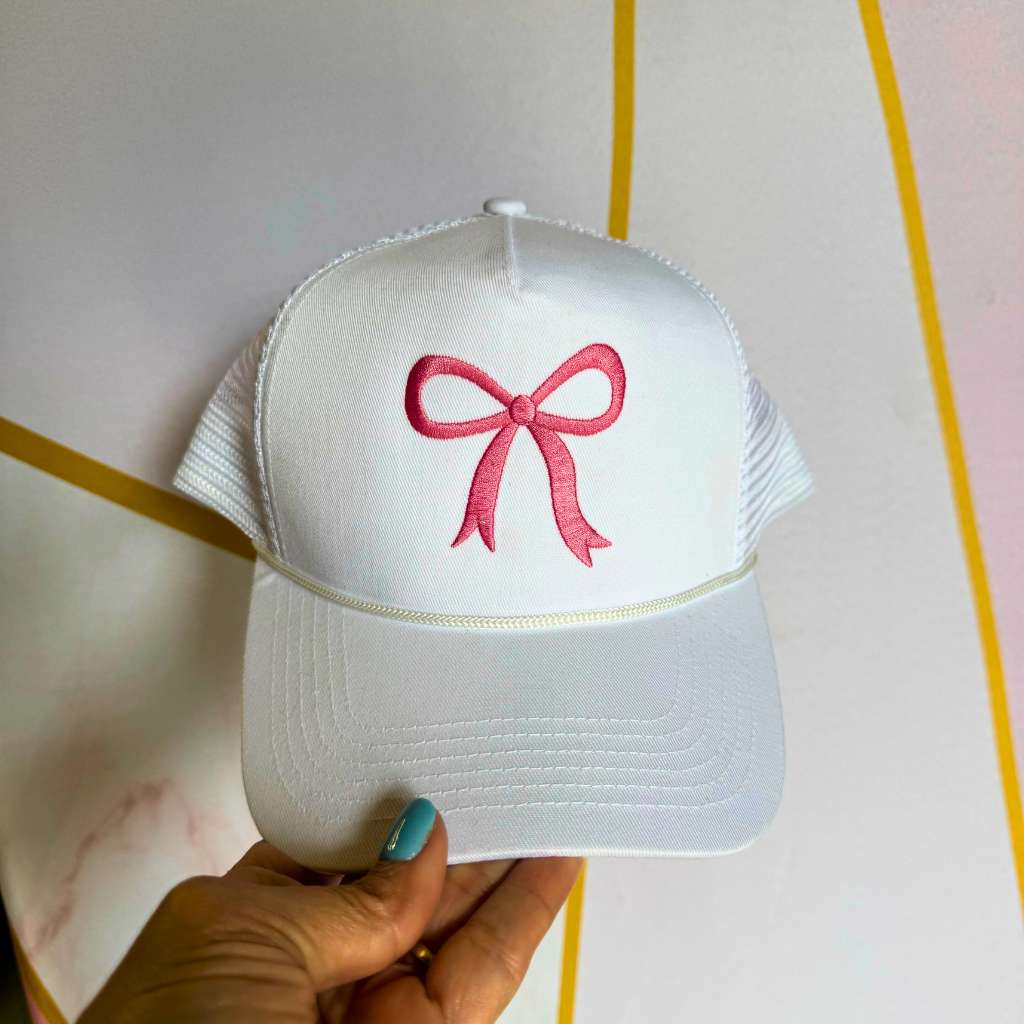 White foam trucker hat with an embroidered Pink Coquette Bow - DSY Lifestyle