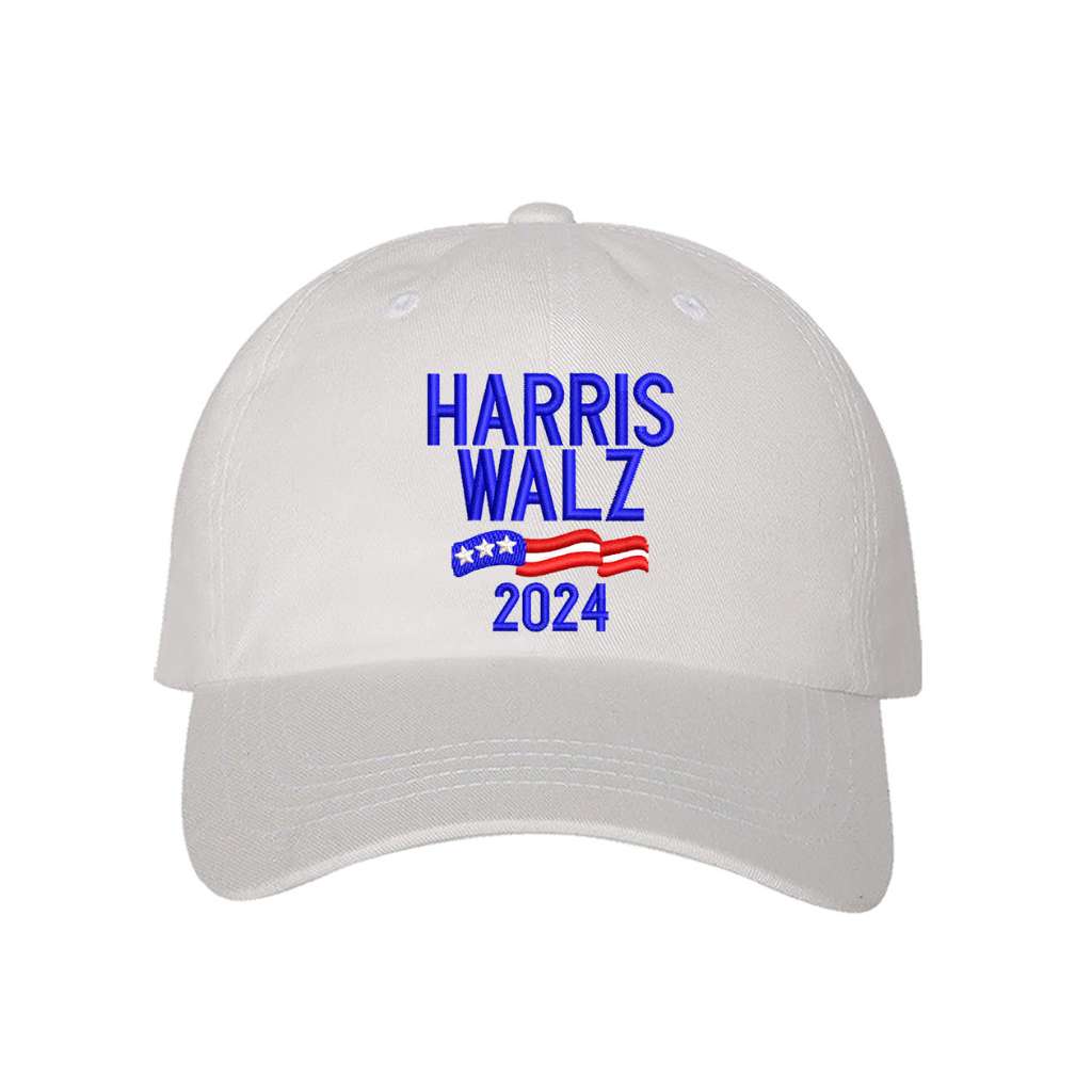 White baseball hat embroidered with the phrase harris walz-DSY Lifestyle