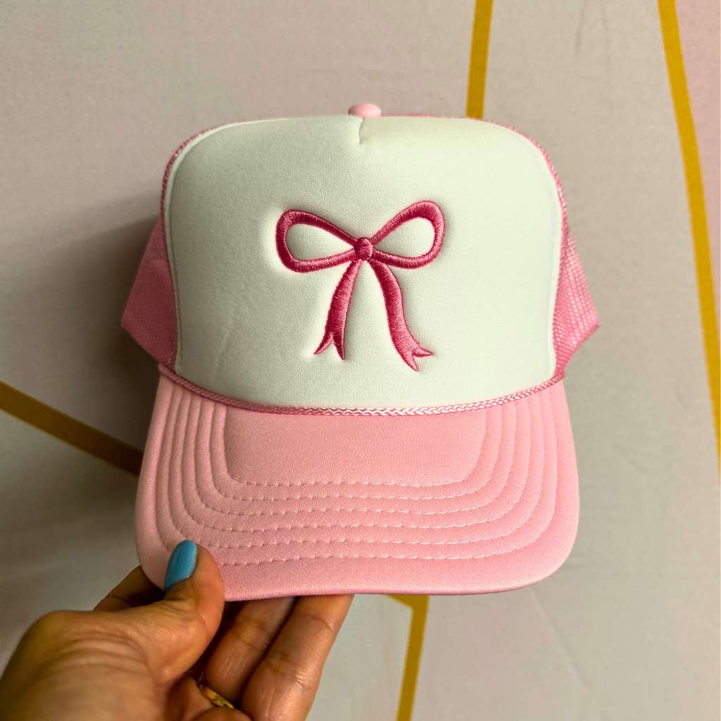 Pink and white foam trucker hat with an embroidered Pink Coquette Bow - DSY Lifestyle