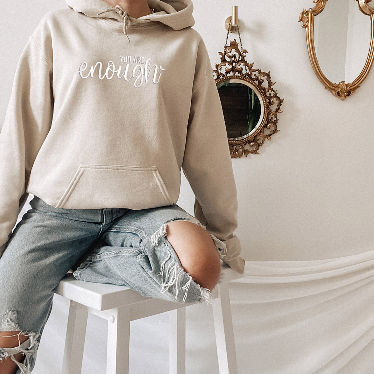 Sand Hoodie embroidered with You are enough - DSY Lifestyle