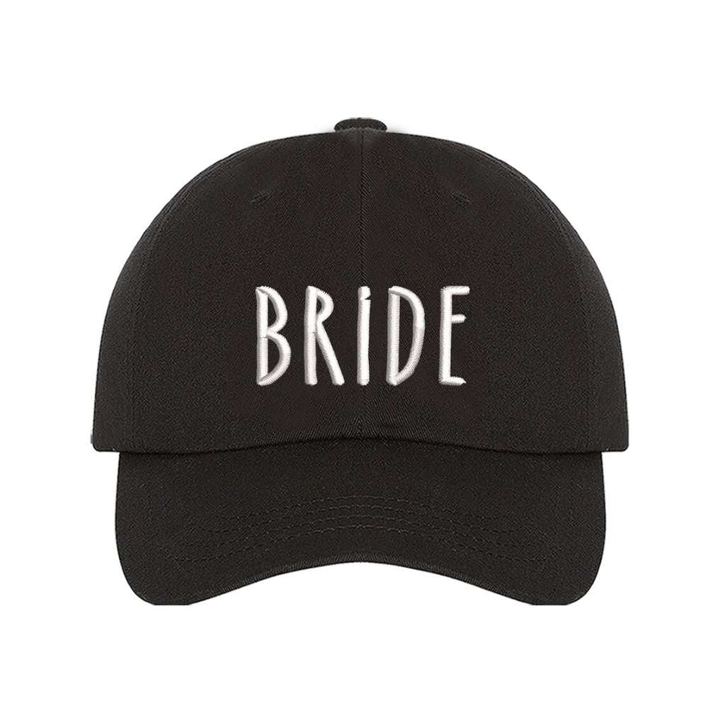 Black embroidered baseball hat with Bride stitched in elegant script, ideal for bachelorette parties, wedding planning, and honeymoon outfits - DSY Lifestyle