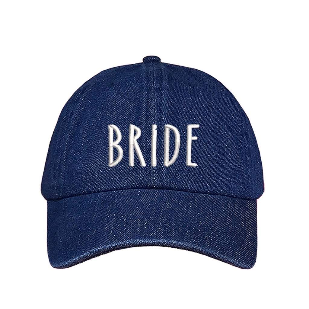 Dark Denim embroidered baseball hat with Bride stitched in elegant script, ideal for bachelorette parties, wedding planning, and honeymoon outfits - DSY Lifestyle