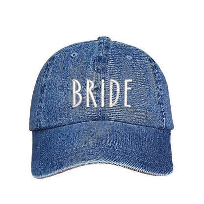 Light Denim embroidered baseball hat with Bride stitched in elegant script, ideal for bachelorette parties, wedding planning, and honeymoon outfits - DSY Lifestyle