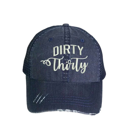 Denim distressed trucker hat embroidered with the phrase Dirty Thirty - DSY Lifestyle