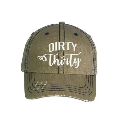 Khaki distressed trucker hat embroidered with the phrase Dirty Thirty - DSY Lifestyle